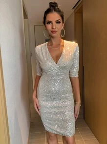 Joyfunear 交疊領後背開衩亮片緊身洋裝