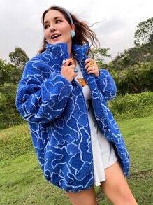 SHEIN EZwear 大碼多巴胺風滿版印花拉鏈開襟絨毛外套 - 寶藍色 - 查看 3