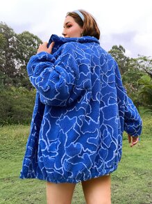 SHEIN EZwear 大碼多巴胺風滿版印花拉鏈開襟絨毛外套 - 寶藍色 - 查看 2
