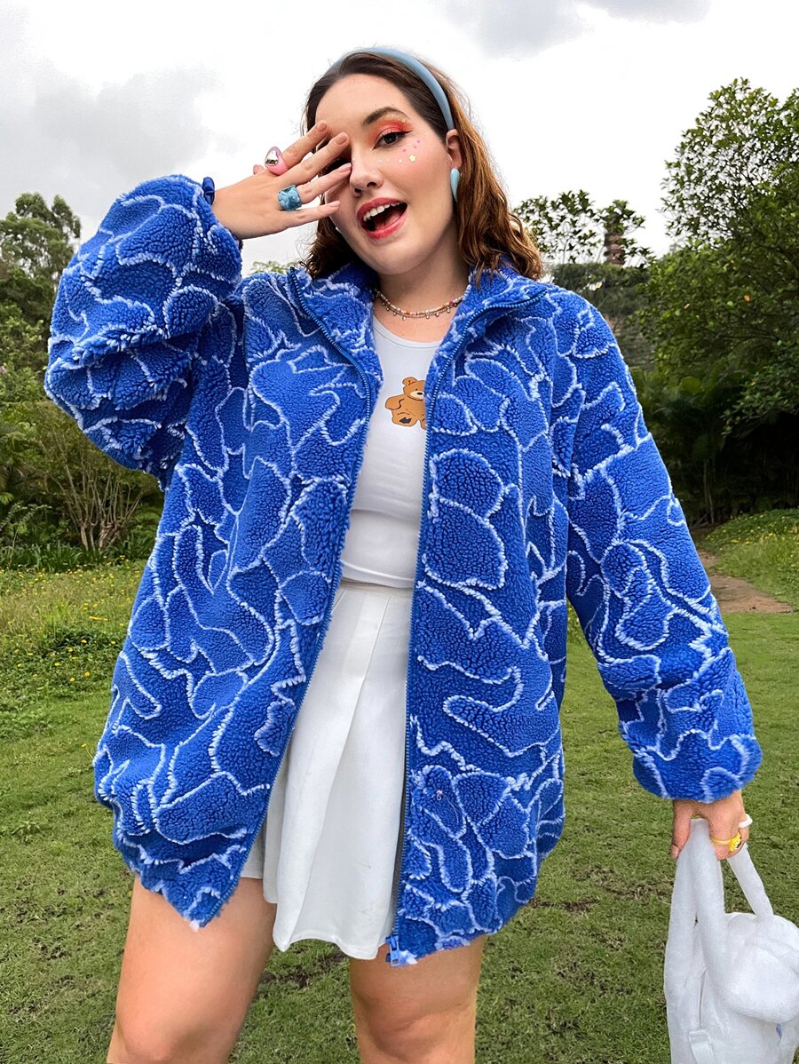 SHEIN EZwear 大碼多巴胺風滿版印花拉鏈開襟絨毛外套 - 寶藍色 - 查看 1