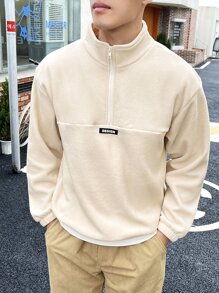 Claim Dot Loose Fit Men's Pullover Flannelette Sweatshirt With Half Zip And Patch Detail, Men Cream Sweatshirt, Men Quarter Zip Sweatshirt, Mock Neck Sweatshirt Men - Apricot - View 1