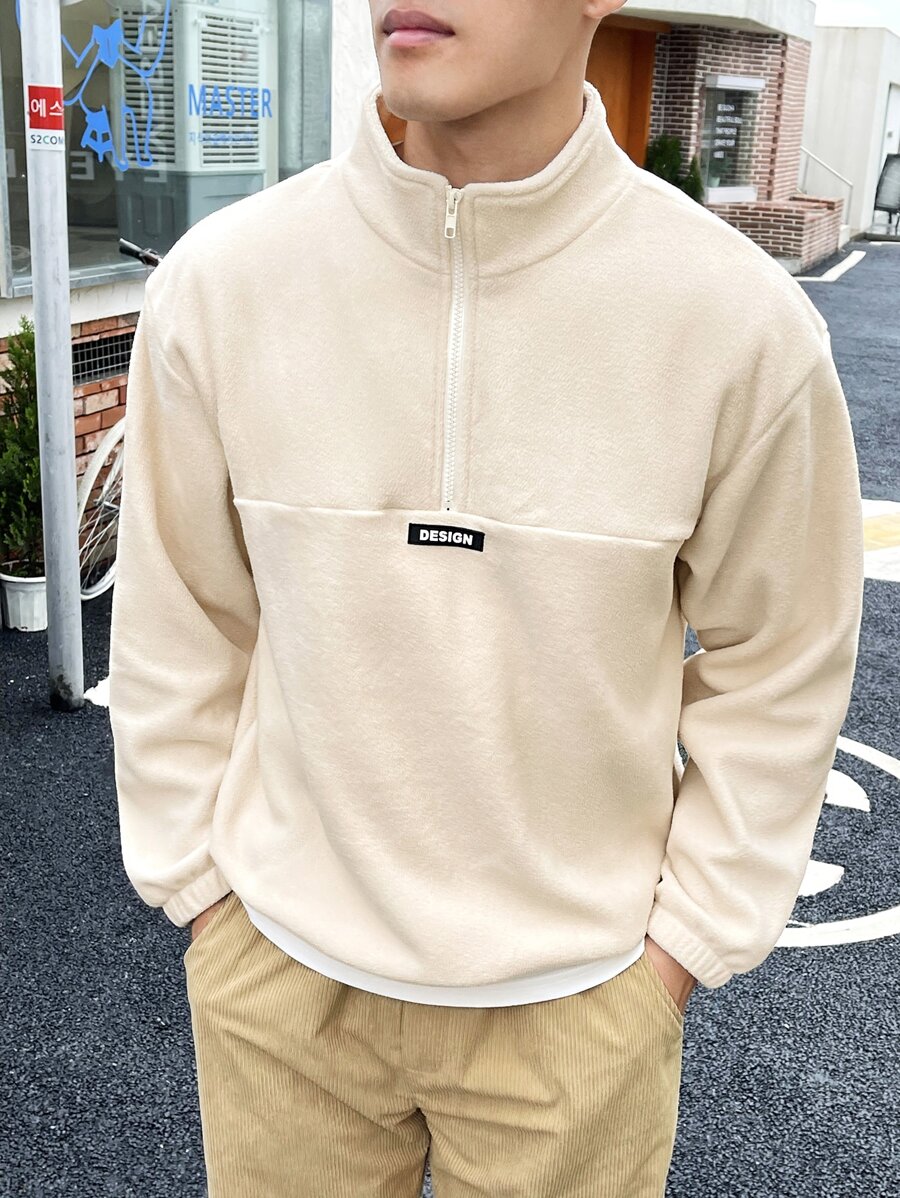 Claim Dot Loose Fit Men's Pullover Flannelette Sweatshirt With Half Zip And Patch Detail, Men Cream Sweatshirt, Men Quarter Zip Sweatshirt, Mock Neck Sweatshirt Men - Apricot - View 1