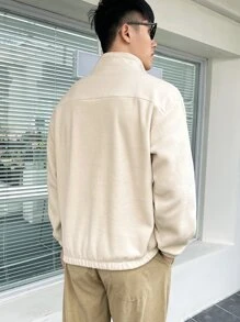 Claim Dot Loose Fit Men's Pullover Flannelette Sweatshirt With Half Zip And Patch Detail, Men Cream Sweatshirt, Men Quarter Zip Sweatshirt, Mock Neck Sweatshirt Men - Apricot - View 2