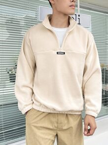Claim Dot Loose Fit Men's Pullover Flannelette Sweatshirt With Half Zip And Patch Detail, Men Cream Sweatshirt, Men Quarter Zip Sweatshirt, Mock Neck Sweatshirt Men - Apricot - View 4