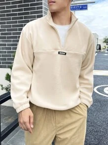 Claim Dot Loose Fit Men's Pullover Flannelette Sweatshirt With Half Zip And Patch Detail, Men Cream Sweatshirt, Men Quarter Zip Sweatshirt, Mock Neck Sweatshirt Men - Apricot - View 6