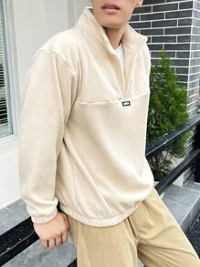 Claim Dot Loose Fit Men's Pullover Flannelette Sweatshirt With Half Zip And Patch Detail, Men Cream Sweatshirt, Men Quarter Zip Sweatshirt, Mock Neck Sweatshirt Men - Apricot - View 7