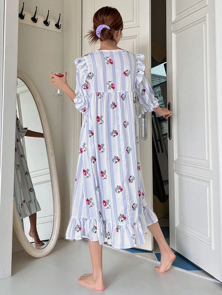 Striped & Floral Print Square Neck Ruffle Trim Nightdress