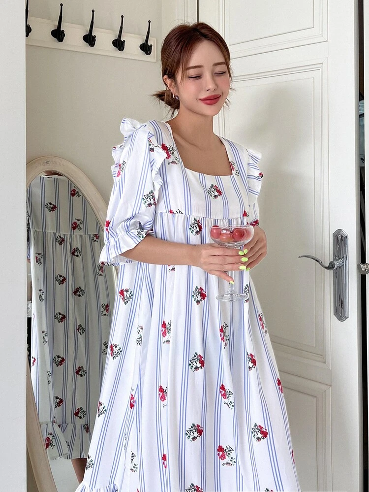 Striped & Floral Print Square Neck Ruffle Trim Nightdress