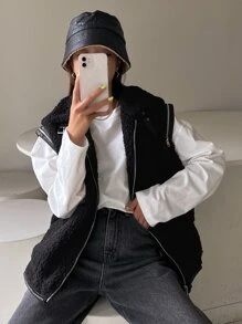 DAZY Cazadora chaleco con cremallera teddy - Negro - Ver 5