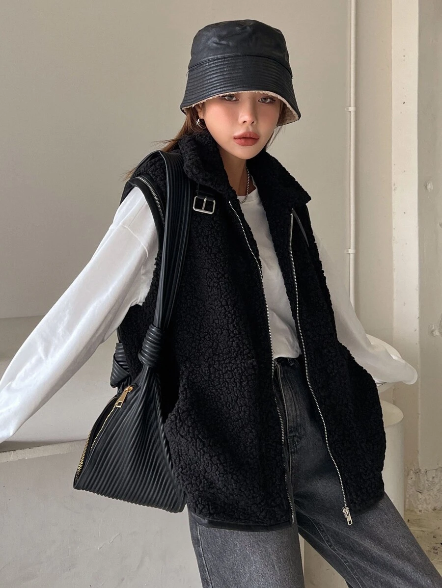 DAZY Cazadora chaleco con cremallera teddy - Negro - Ver 1