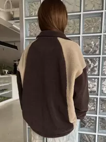 DAZY Two Tone Letter Embroidery Drop Shoulder Teddy Coat Jacket Fall,Winter - Multicolor - View 2