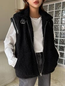 DAZY Cazadora chaleco con cremallera teddy - Negro - Ver 8