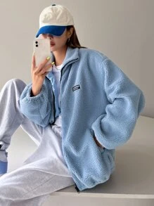 DAZY Letter Patched Drop Shoulder Teddy Coat - Baby Blue - View 3