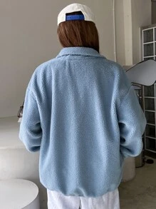 DAZY Letter Patched Drop Shoulder Teddy Coat - Baby Blue - View 2