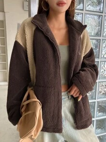 DAZY Two Tone Letter Embroidery Drop Shoulder Teddy Coat Jacket Fall,Winter - Multicolor - View 4