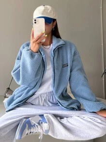 DAZY Letter Patched Drop Shoulder Teddy Coat - Baby Blue - View 7