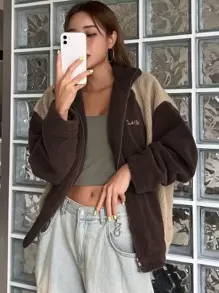 DAZY Two Tone Letter Embroidery Drop Shoulder Teddy Coat Jacket Fall,Winter - Multicolor - View 5