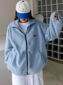 DAZY Letter Patched Drop Shoulder Teddy Coat - Baby Blue - View 1