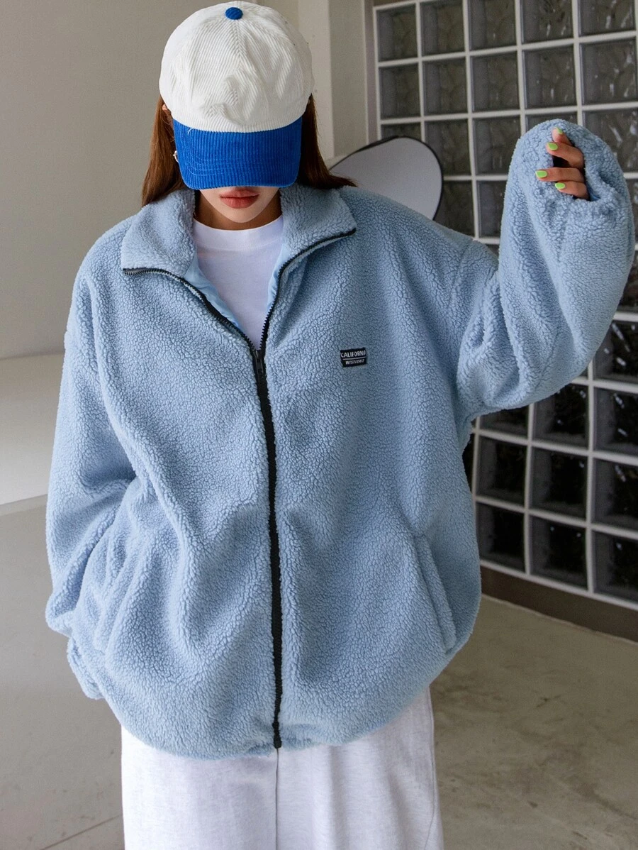 DAZY Letter Patched Drop Shoulder Teddy Coat - Baby Blue - View 1