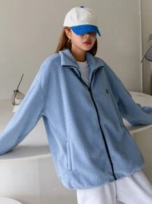 DAZY Letter Patched Drop Shoulder Teddy Coat - Baby Blue - View 5