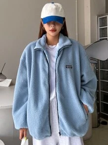 DAZY Letter Patched Drop Shoulder Teddy Coat - Baby Blue - View 6