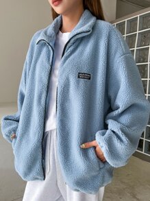 DAZY Letter Patched Drop Shoulder Teddy Coat - Baby Blue - View 8