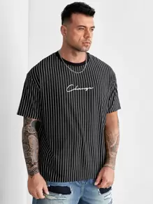 GENTILAND Hombres Camiseta con estampado de rayas y letra - Negro - Ver 1
