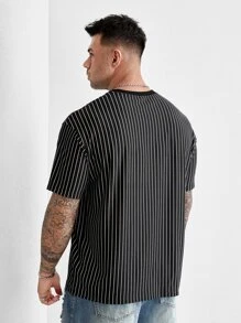 GENTILAND Hombres Camiseta con estampado de rayas y letra - Negro - Ver 2