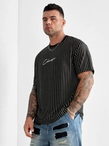 GENTILAND Hombres Camiseta con estampado de rayas y letra - Negro - Ver 4