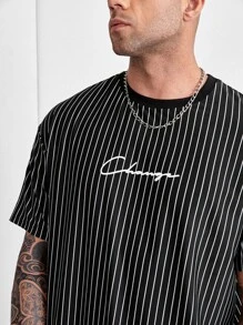 GENTILAND Hombres Camiseta con estampado de rayas y letra - Negro - Ver 5