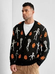 Manfinity Men Plus Halloween Pumpkin & Skeleton Pattern Cardigan - Multicolor - View 1