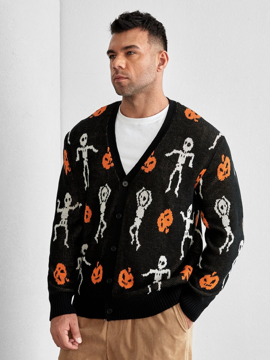 Manfinity Men Plus Halloween Pumpkin & Skeleton Pattern Cardigan - Multicolor - View 1