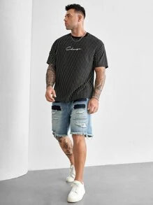 GENTILAND Hombres Camiseta con estampado de rayas y letra - Negro - Ver 6