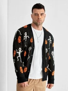 Manfinity Men Plus Halloween Pumpkin & Skeleton Pattern Cardigan - Multicolor - View 3
