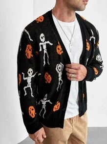 Manfinity Men Plus Halloween Pumpkin & Skeleton Pattern Cardigan - Multicolor - View 4