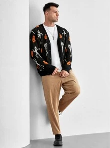 Manfinity Men Plus Halloween Pumpkin & Skeleton Pattern Cardigan - Multicolor - View 6