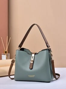 Túi đeo vai nhiều lớp khóa thời trang dành cho nữ, 1 chiếc túi đeo vai bằng da PU nhiều ngăn khóa tương phản dành cho nữ, phù hợp cho bé gái, phụ nữ, người mới bắt đầu và cổ cồn trắng, hoàn hảo cho công việc, kinh doanh, đi làm - màu xanh lá - Xem 2