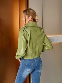 D&M Drop Shoulder PU Leather Jacket - Lime Green - View 2
