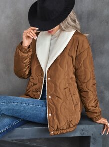 SHEIN Essnce Drop Shoulder Thermal Lined Quilted Padded Coat Clothes Winter - Coffee Brown - View 3