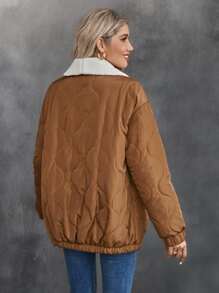 SHEIN Essnce Drop Shoulder Thermal Lined Quilted Padded Coat Clothes Winter - Coffee Brown - View 2