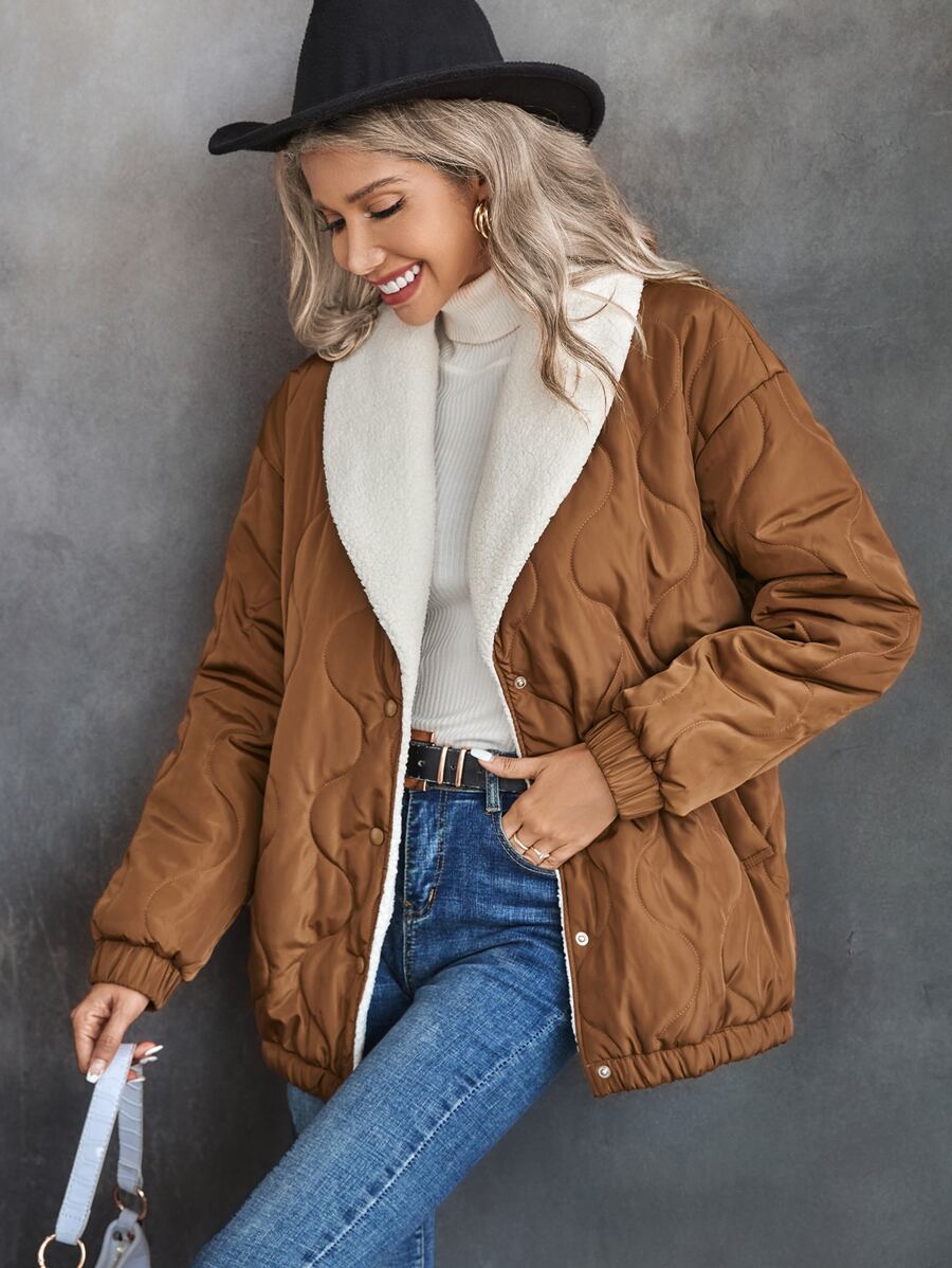 SHEIN Essnce Drop Shoulder Thermal Lined Quilted Padded Coat Clothes Winter - Coffee Brown - View 1