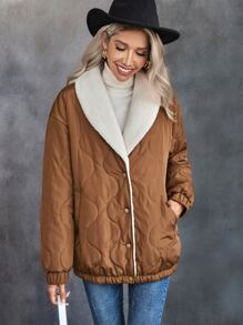 SHEIN Essnce Drop Shoulder Thermal Lined Quilted Padded Coat Clothes Winter - Coffee Brown - View 4