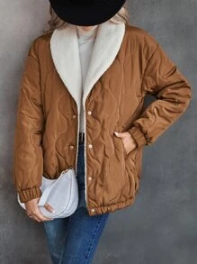 SHEIN Essnce Drop Shoulder Thermal Lined Quilted Padded Coat Clothes Winter - Coffee Brown - View 5