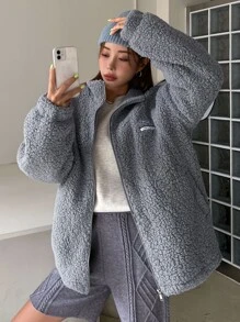 DAZY Letter Patched Detail Drop Shoulder Teddy Jacket - Dusty Blue - View 1