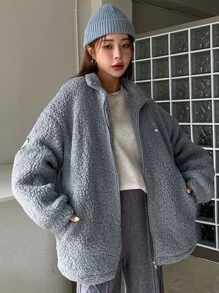 DAZY Letter Patched Detail Drop Shoulder Teddy Jacket - Dusty Blue - View 4