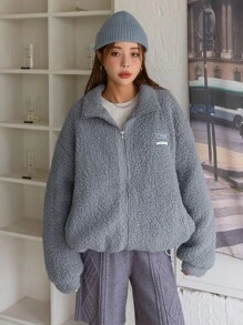 DAZY Letter Patched Detail Drop Shoulder Teddy Jacket - Dusty Blue - View 5