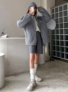 DAZY Letter Patched Detail Drop Shoulder Teddy Jacket - Dusty Blue - View 6