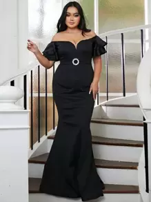 seomiscky Plus Off Shoulder Ruffle Trim Mermaid Hem Prom Dress - Black - View 1