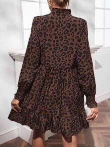 SHEIN LUNE 豹紋印花燈籠袖荷葉邊娃娃裙 - 棕色 - 查看 2