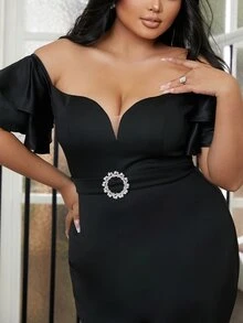 seomiscky Plus Off Shoulder Ruffle Trim Mermaid Hem Prom Dress - Black - View 8